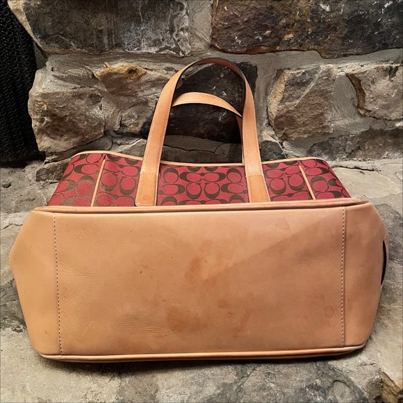Coach Signature Zip Top Tote Red Canvas Tan Leather Trim Handbag - Picture 8 of 9